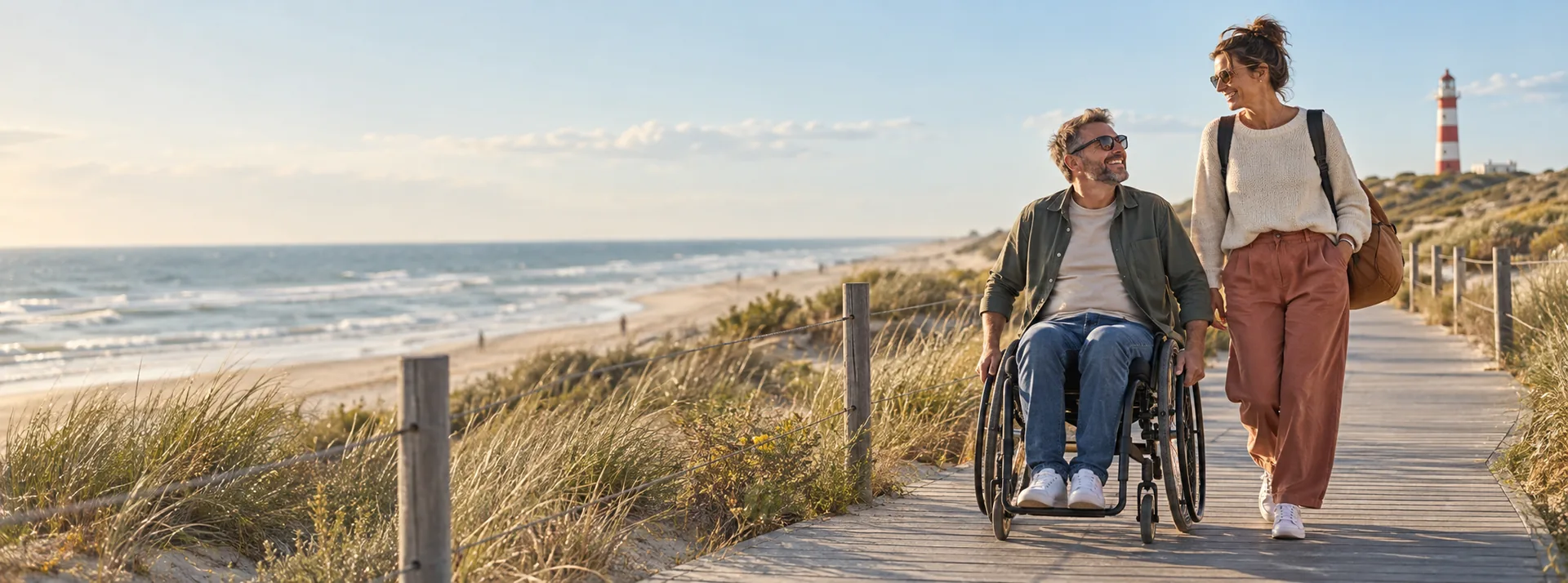 Man in een rolstoel en zijn reisbegeleider wandelen over een strandboulevard